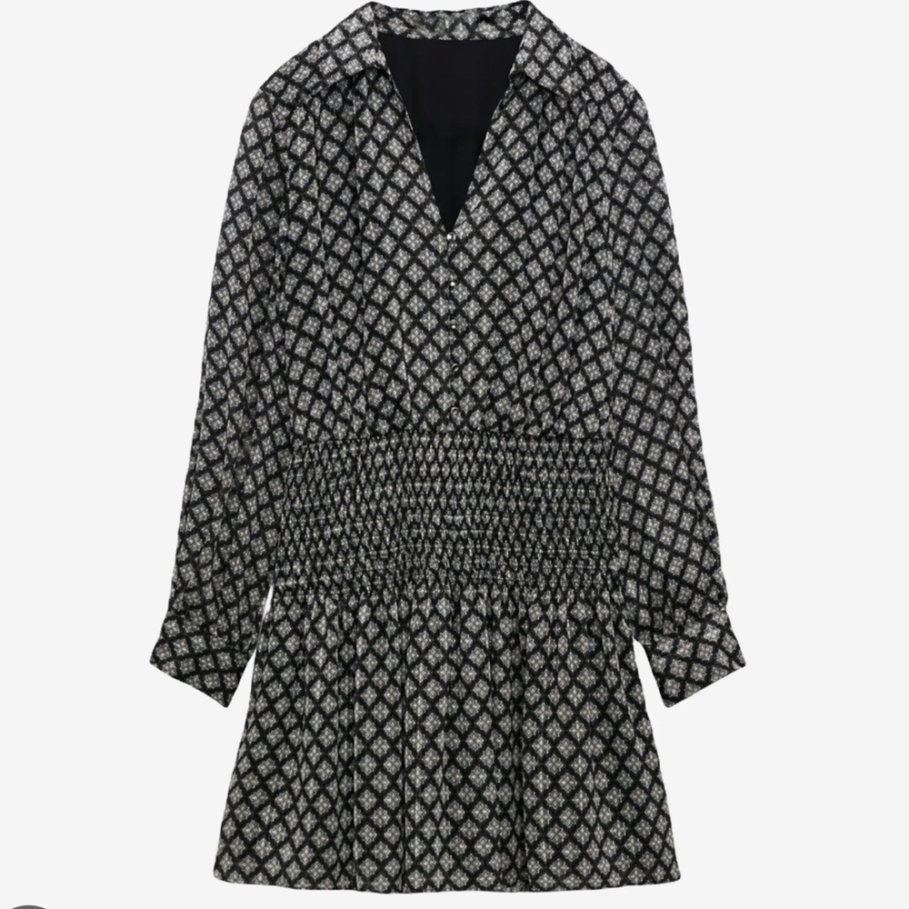 Zara Black and White V-Neck Smocked Tiered Dress